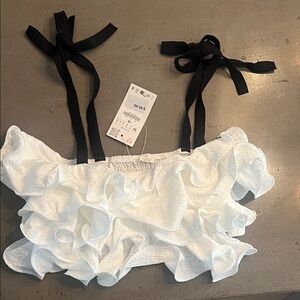 Zara White Ruffled Crop Top with Black Straps NWT